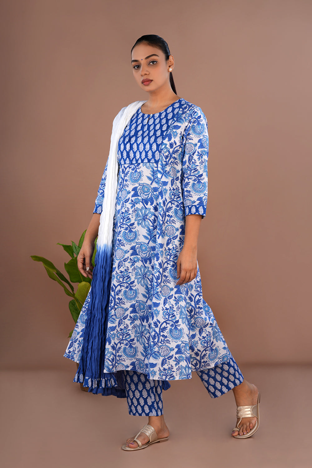 Image of Blue Floral Sanganeri block printed cotton kurta set