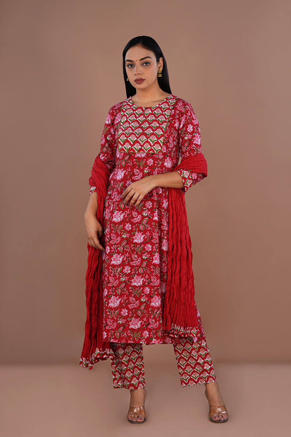 Image of Floral block printed cotton kurta , pants and dupatta set