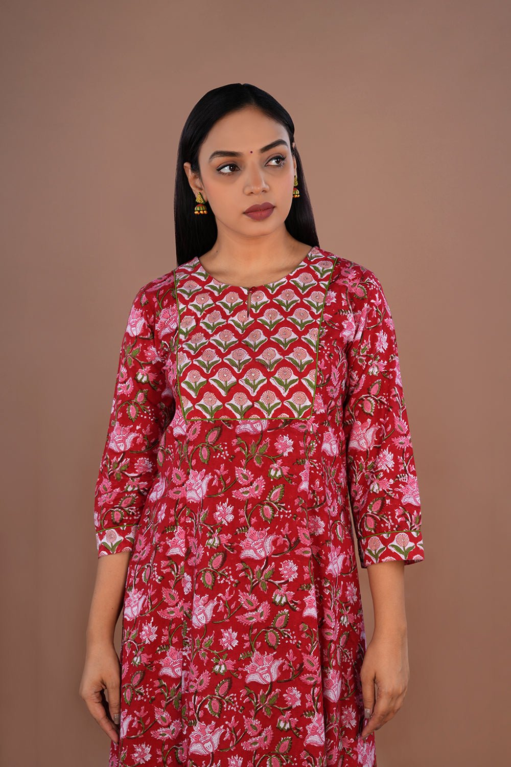 Image of Floral block printed cotton kurta , pants and dupatta set
