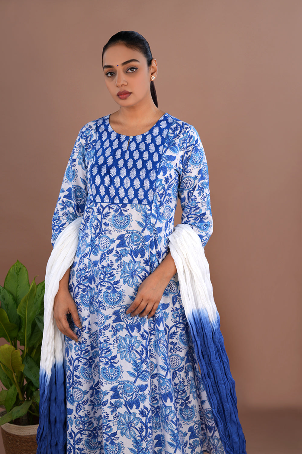 Image of Blue Floral Sanganeri block printed cotton kurta set
