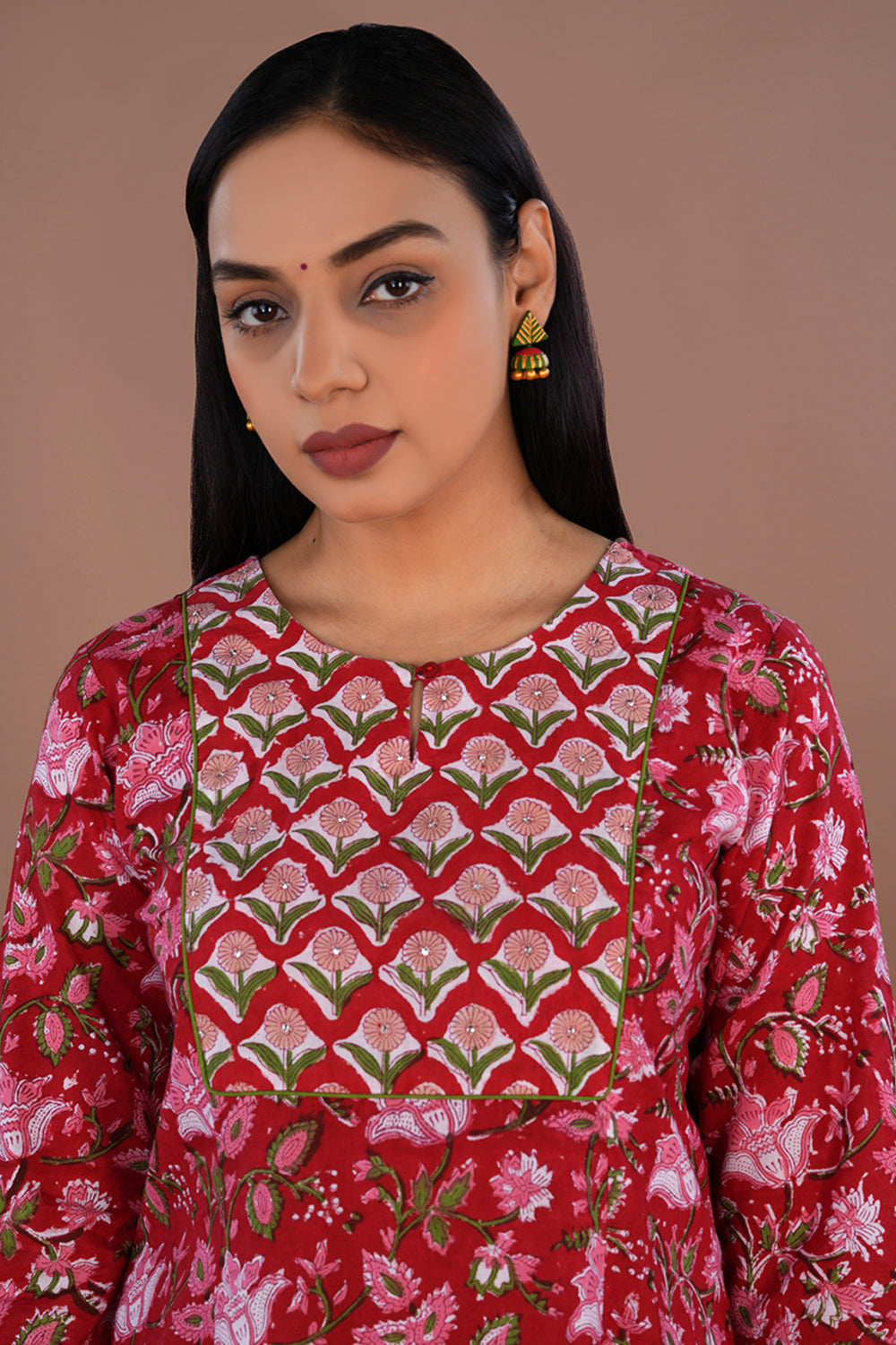 Image of Floral block printed cotton kurta , pants and dupatta set