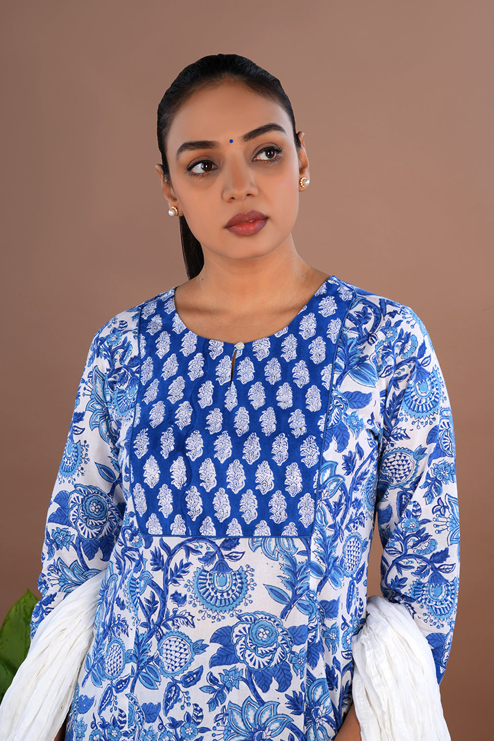Image of Blue Floral Sanganeri block printed cotton kurta set