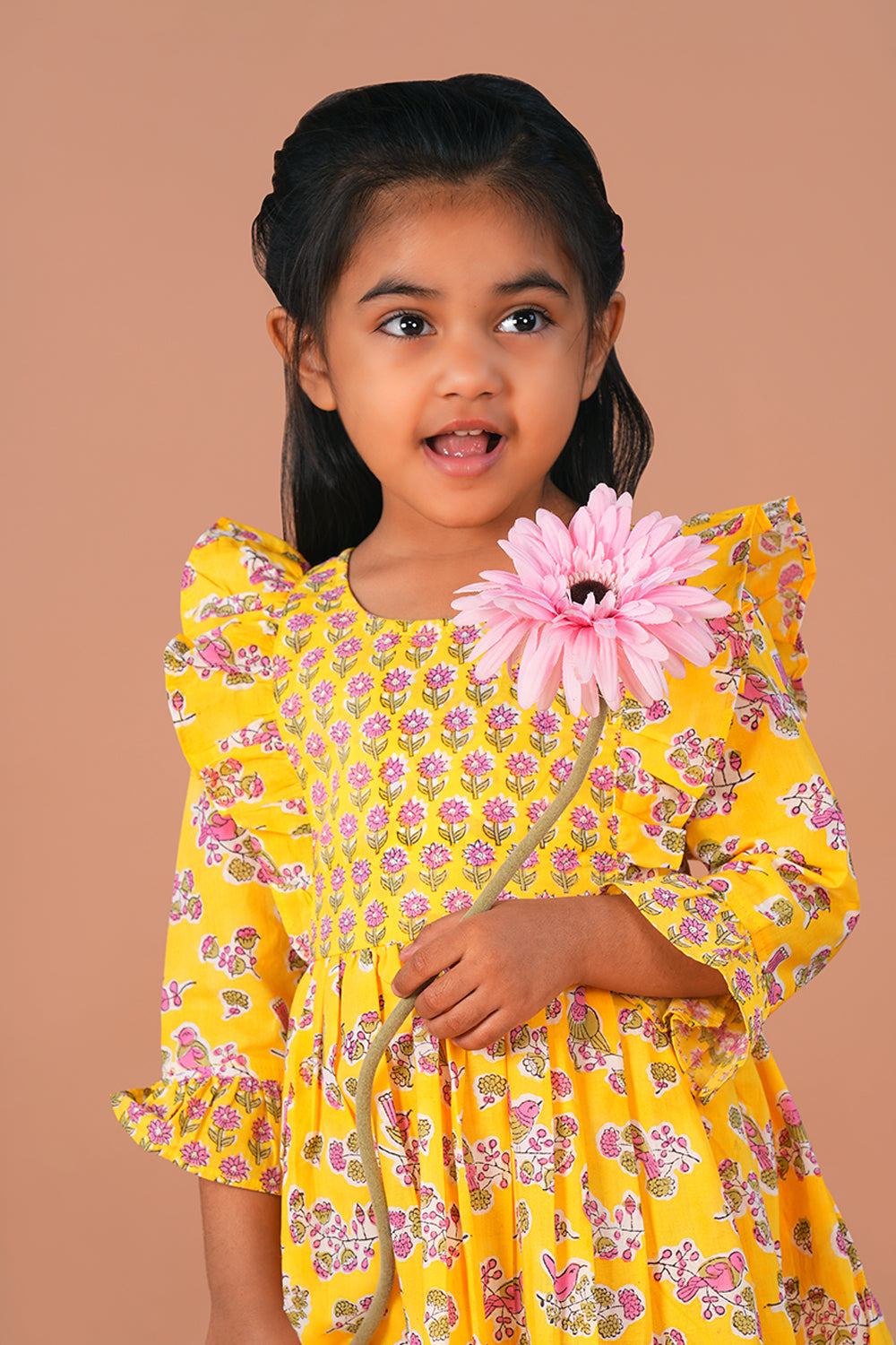 Image of Lemon Yellow floral Sanganeri Block Printed Girls Frock