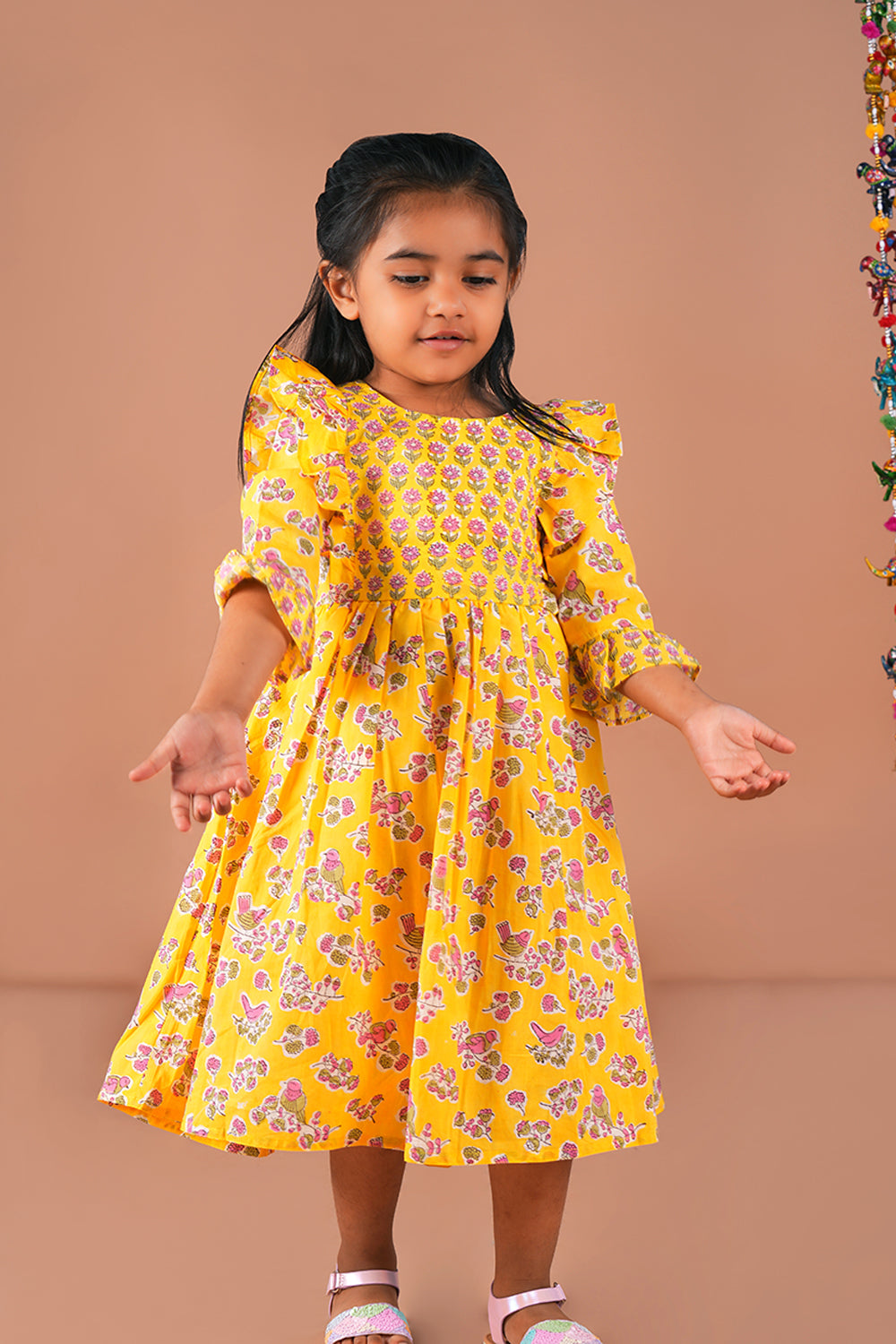 Image of Lemon Yellow floral Sanganeri Block Printed Girls Frock