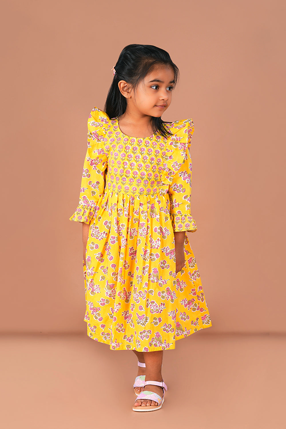 Image of Lemon Yellow floral Sanganeri Block Printed Girls Frock