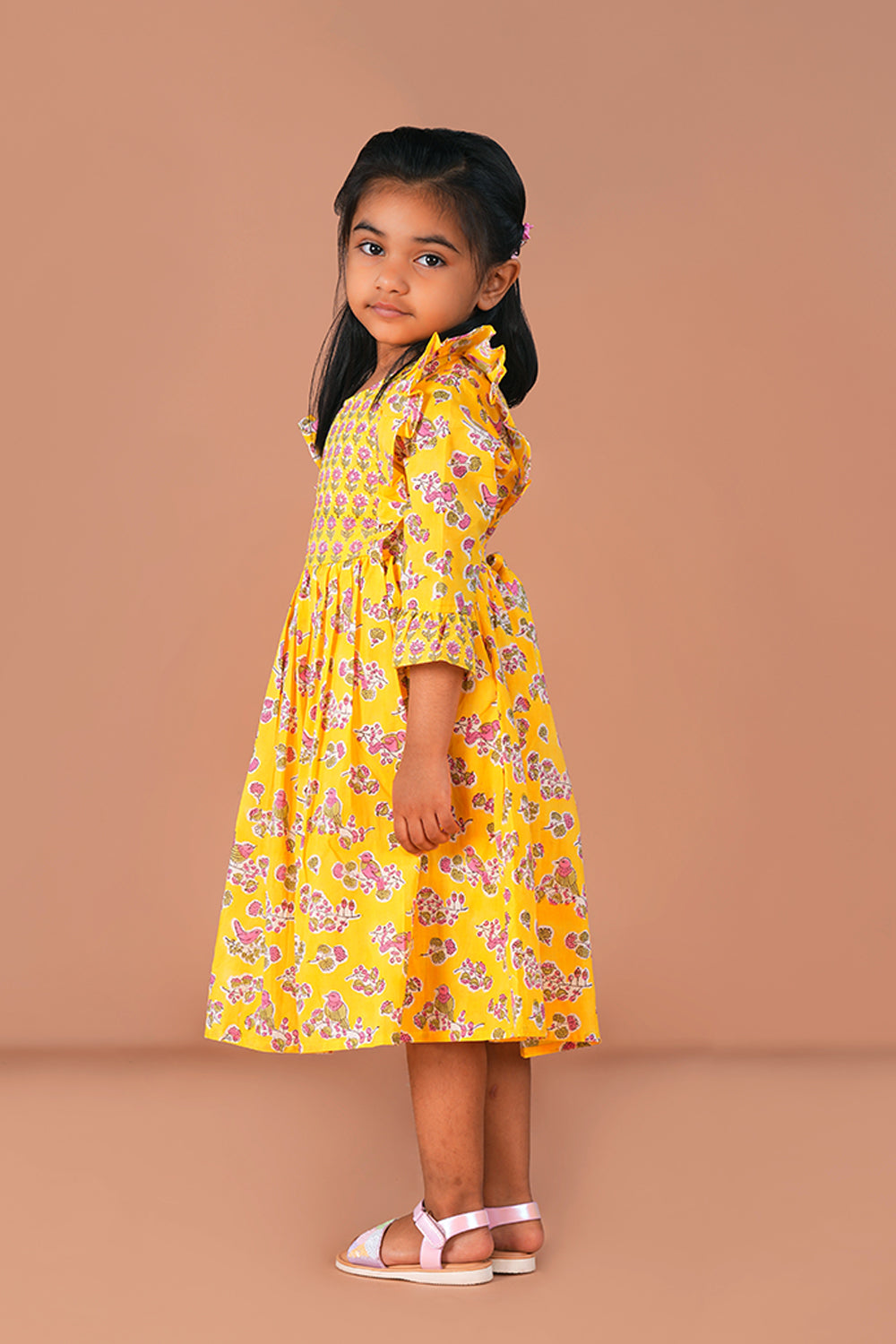 Image of Lemon Yellow floral Sanganeri Block Printed Girls Frock
