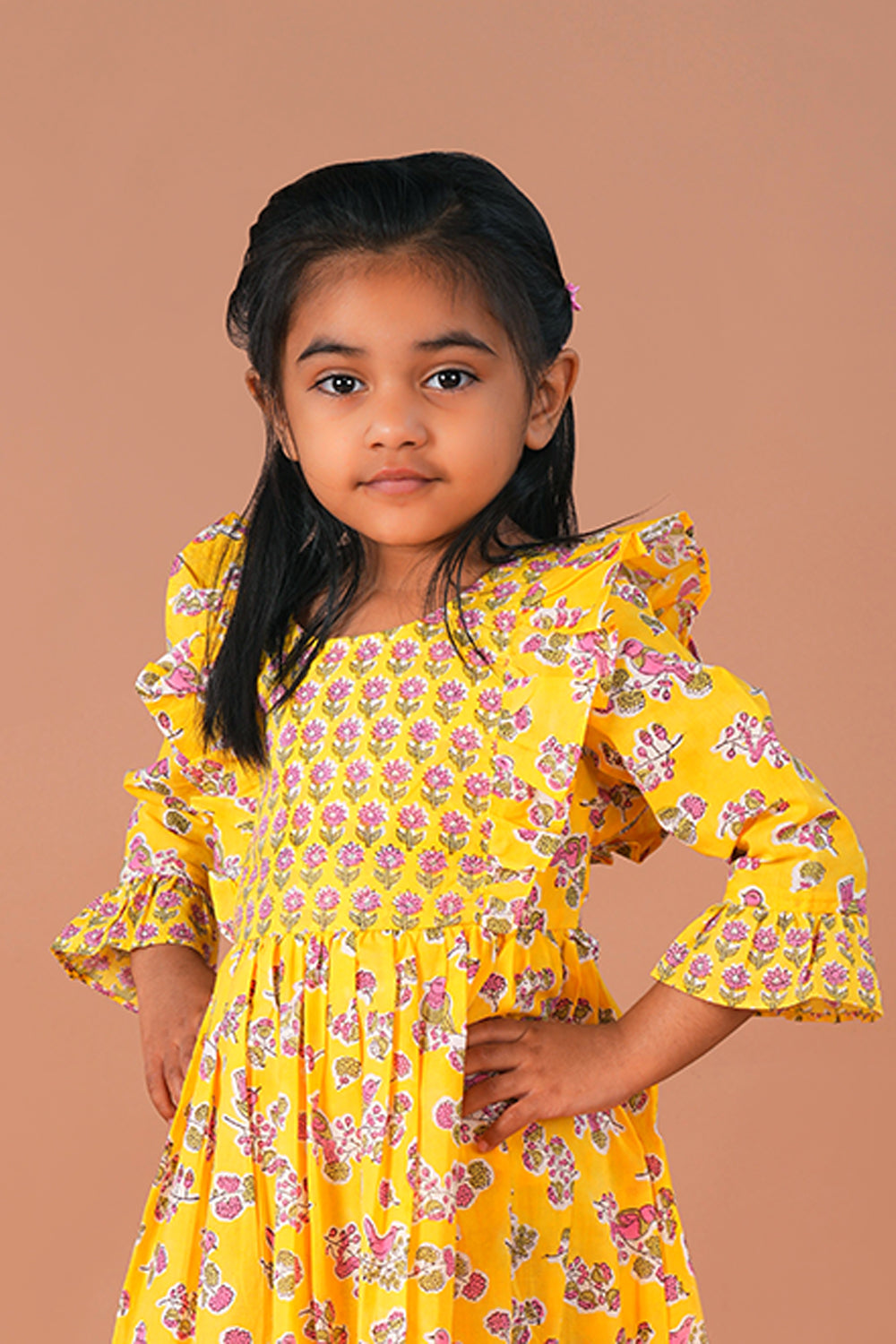 Image of Lemon Yellow floral Sanganeri Block Printed Girls Frock