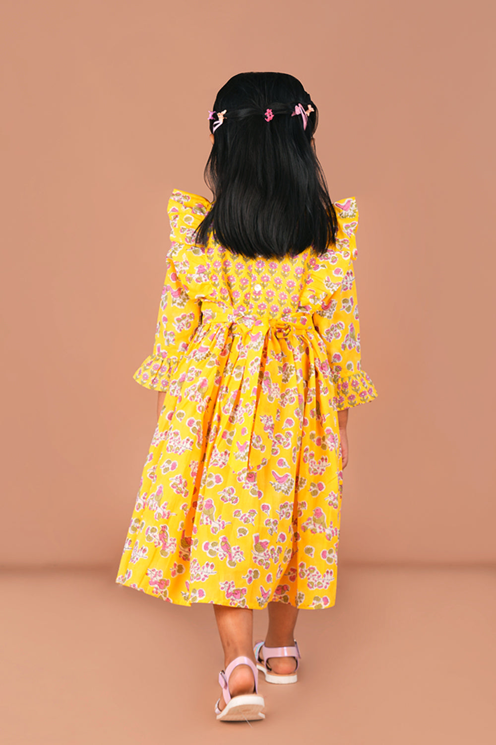 Image of Lemon Yellow floral Sanganeri Block Printed Girls Frock