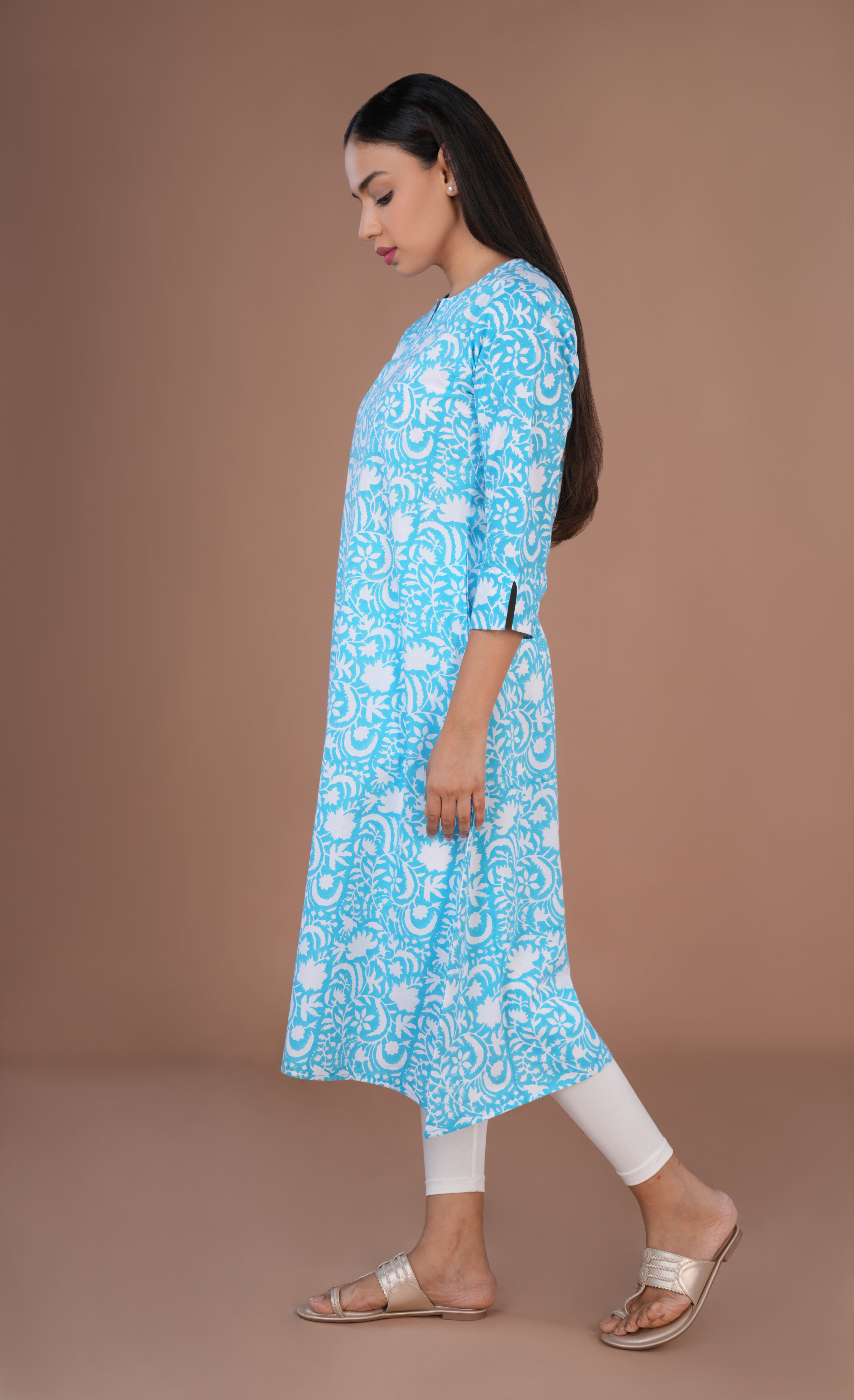Sky blue Sanganeri hand block printed cotton long kurta.
