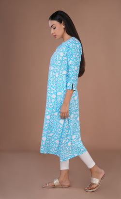 Image of Sky blue Sanganeri hand block printed cotton long kurta.
