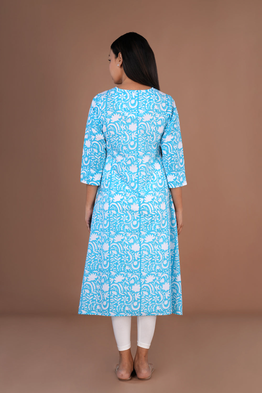 Sky blue Sanganeri hand block printed cotton long kurta.