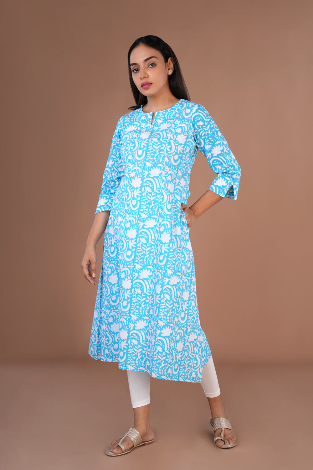Sky blue Sanganeri hand block printed cotton long kurta.