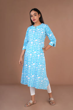Image of Sky blue Sanganeri hand block printed cotton long kurta.