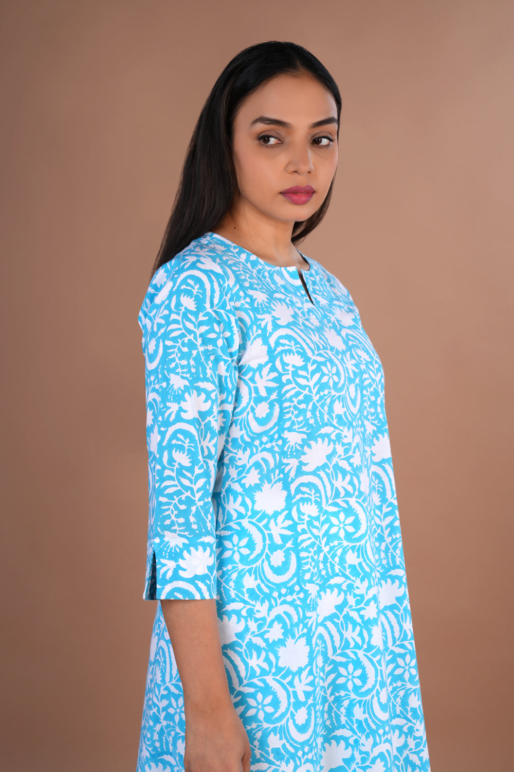 Sky blue Sanganeri hand block printed cotton long kurta.