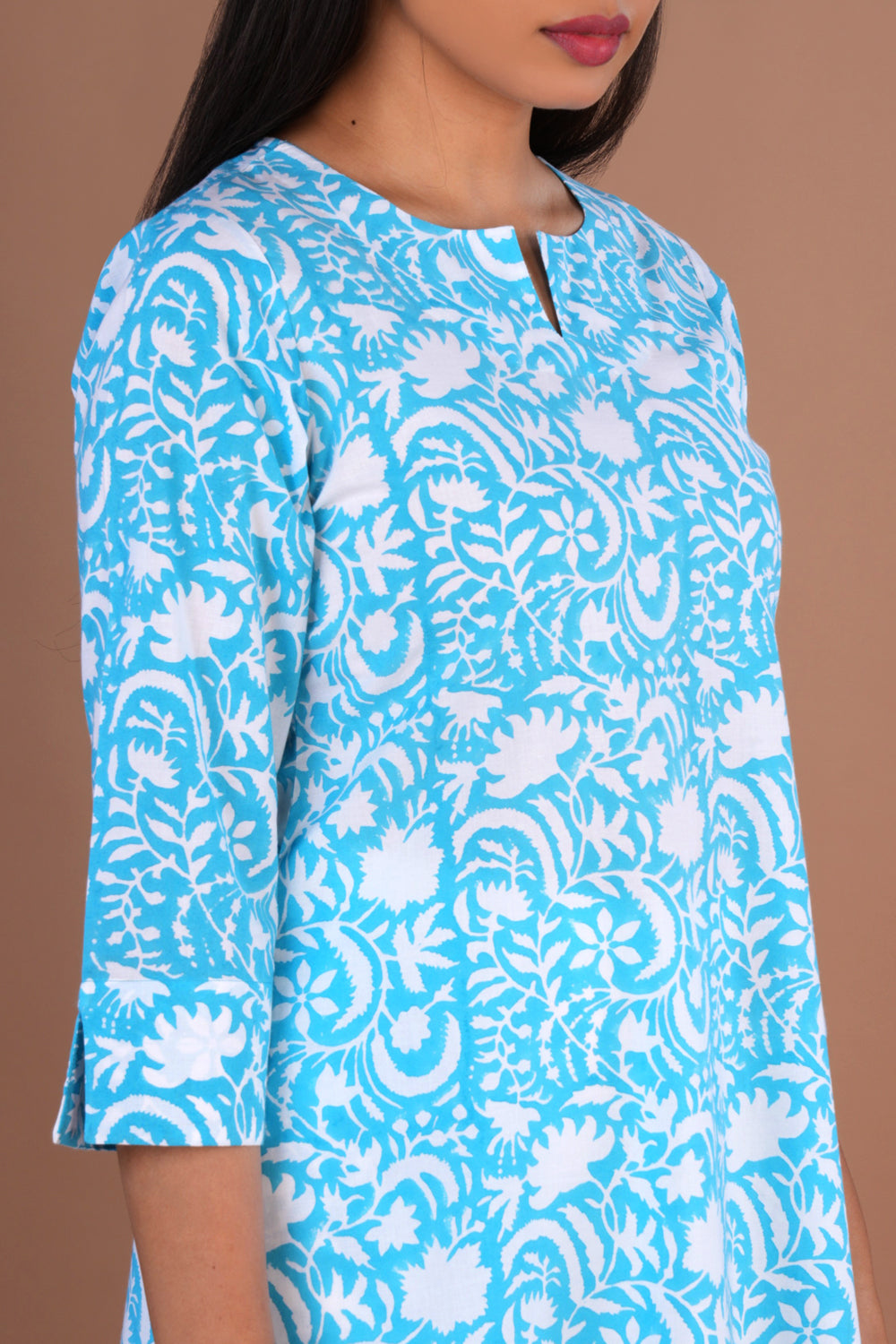 Sky blue Sanganeri hand block printed cotton long kurta.