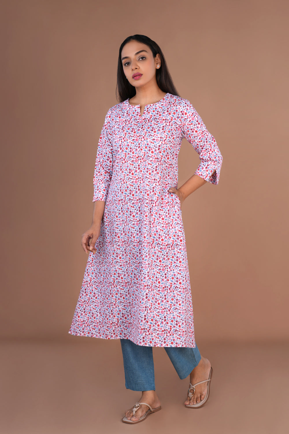 Mini floral hand block printed cotton long kurta.