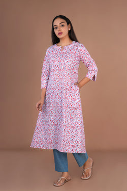 Image of Mini floral hand block printed cotton long kurta.