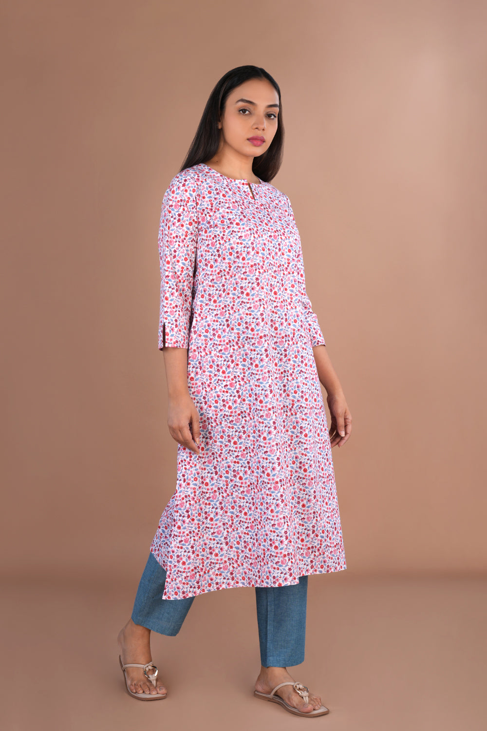 Image of Mini floral hand block printed cotton long kurta