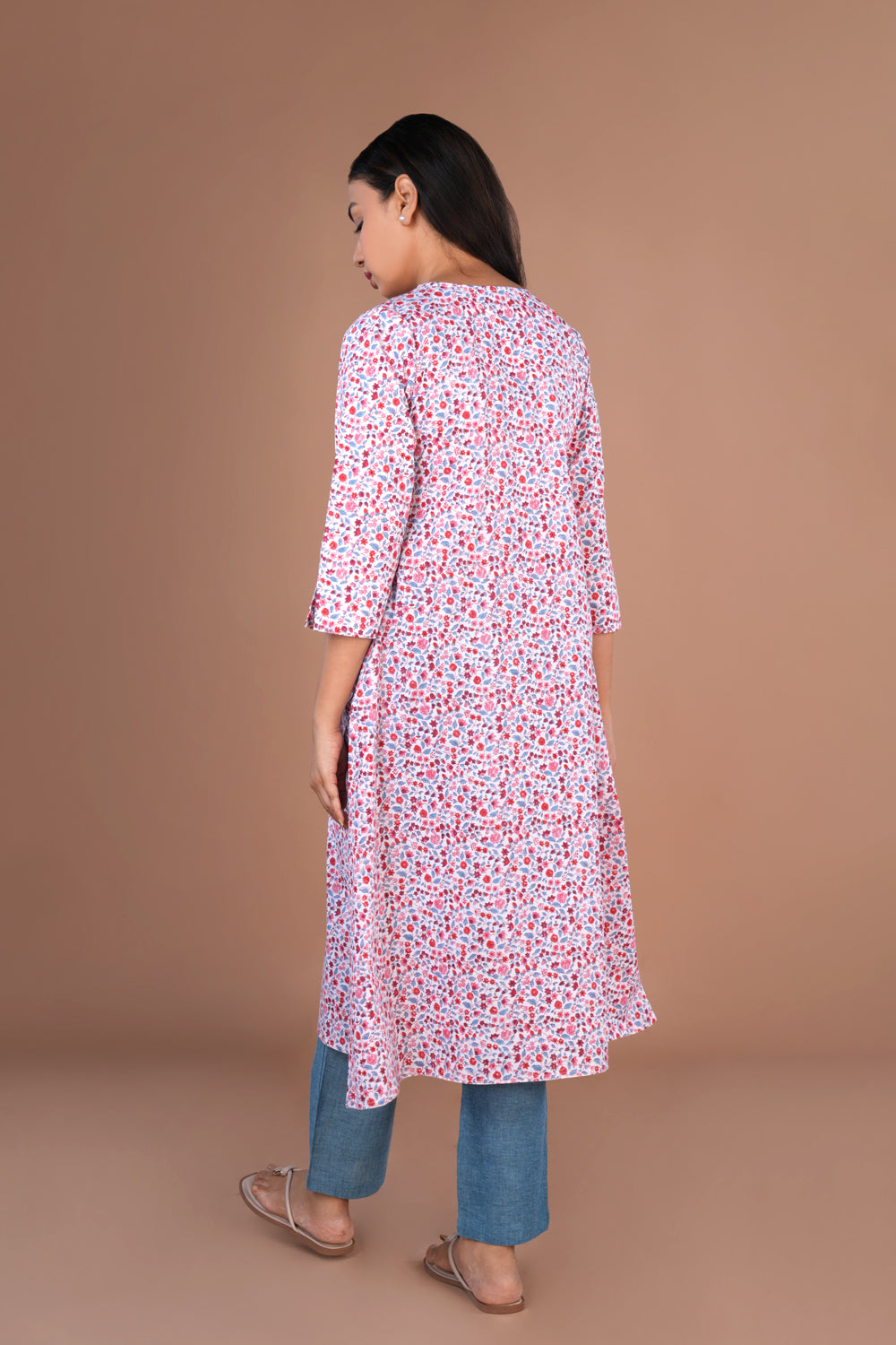 Image of Mini floral hand block printed cotton long kurta