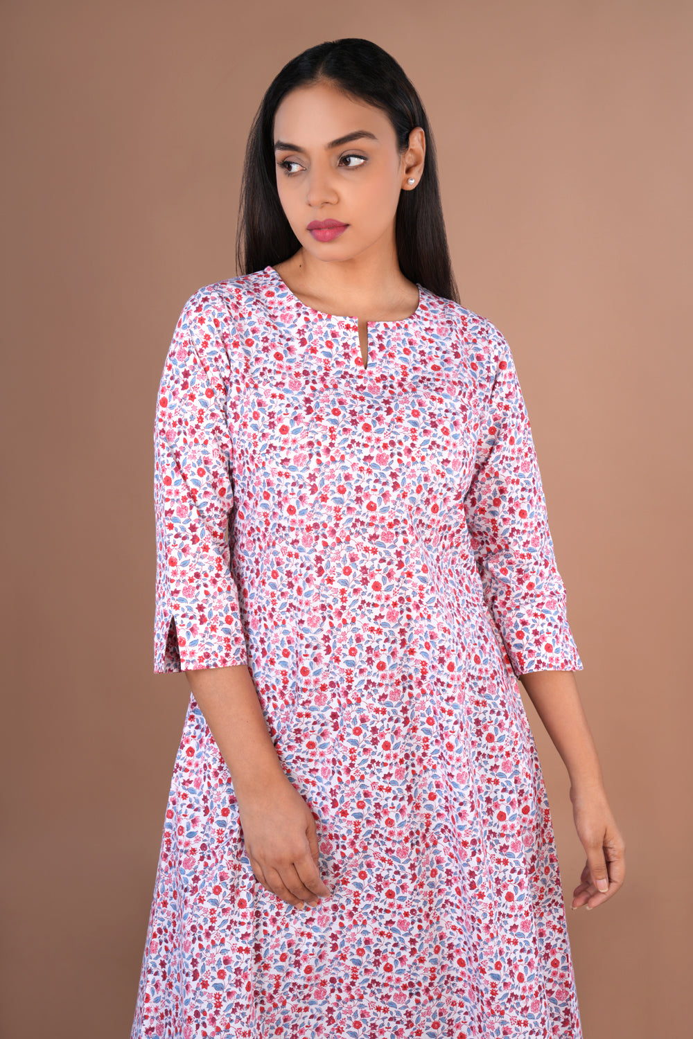 Image of Mini floral hand block printed cotton long kurta