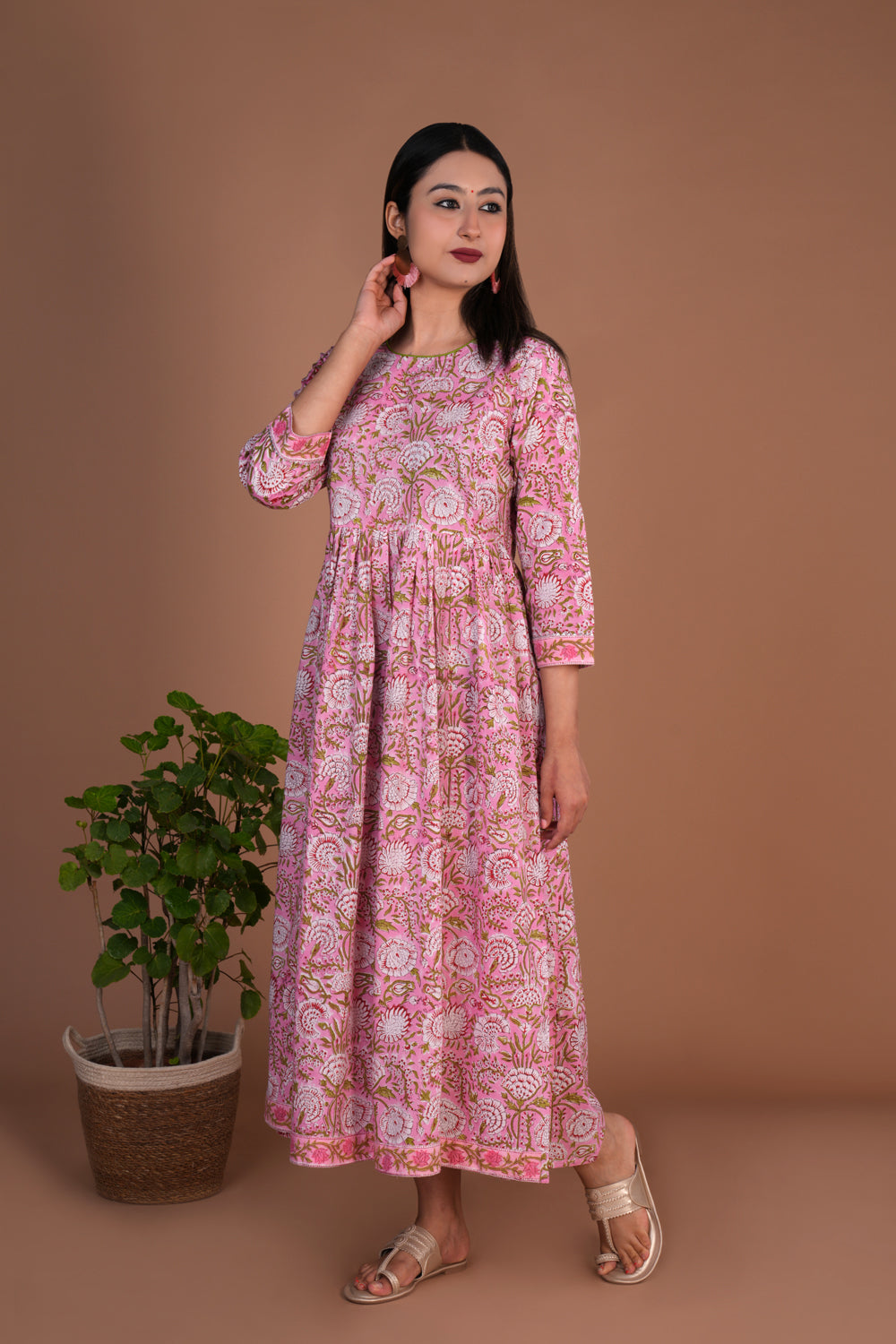 Light pink floral hand block printed long dress