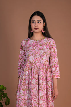 Image of Light pink floral hand block printed long dress