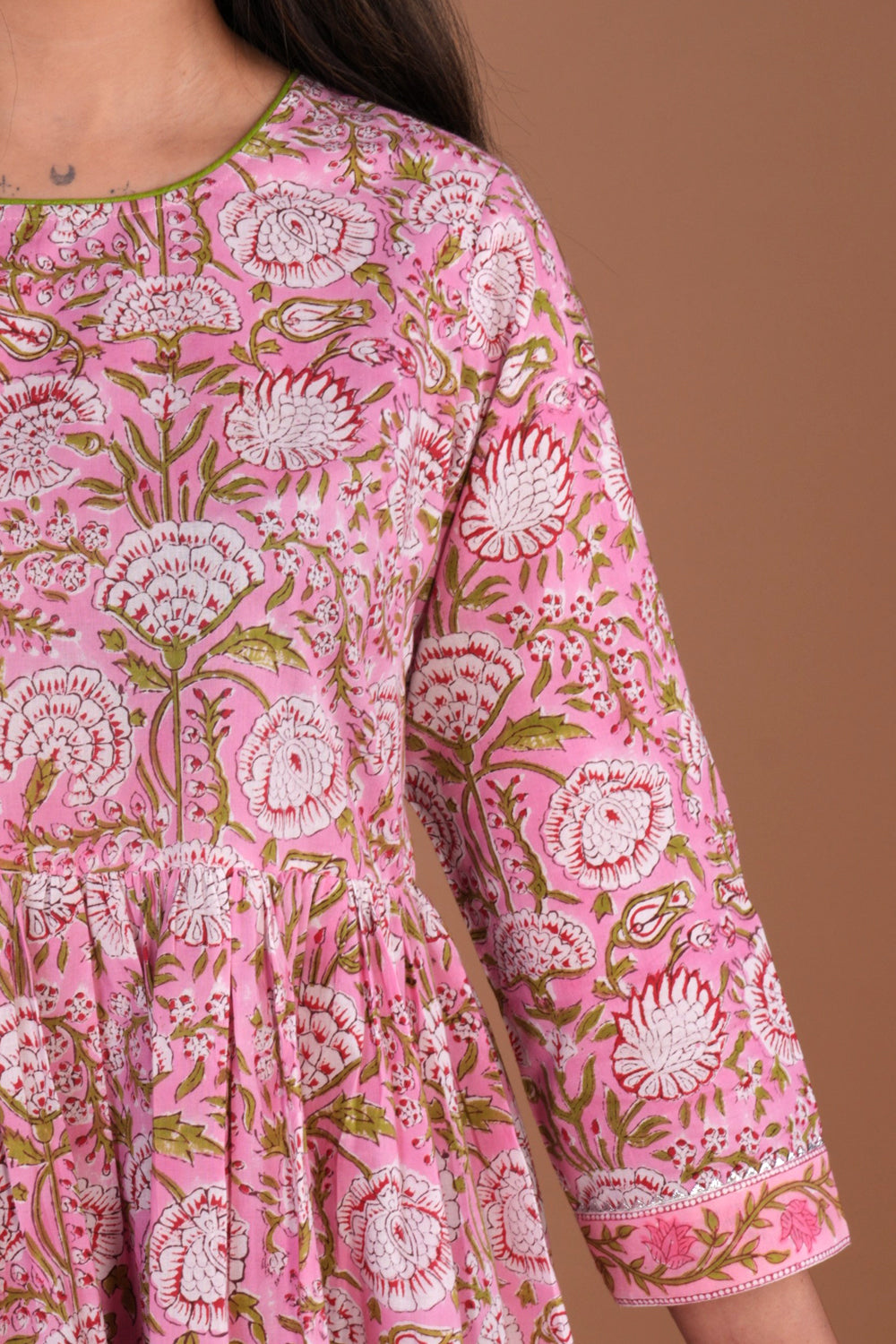 Image of Light pink floral hand block printed long dress