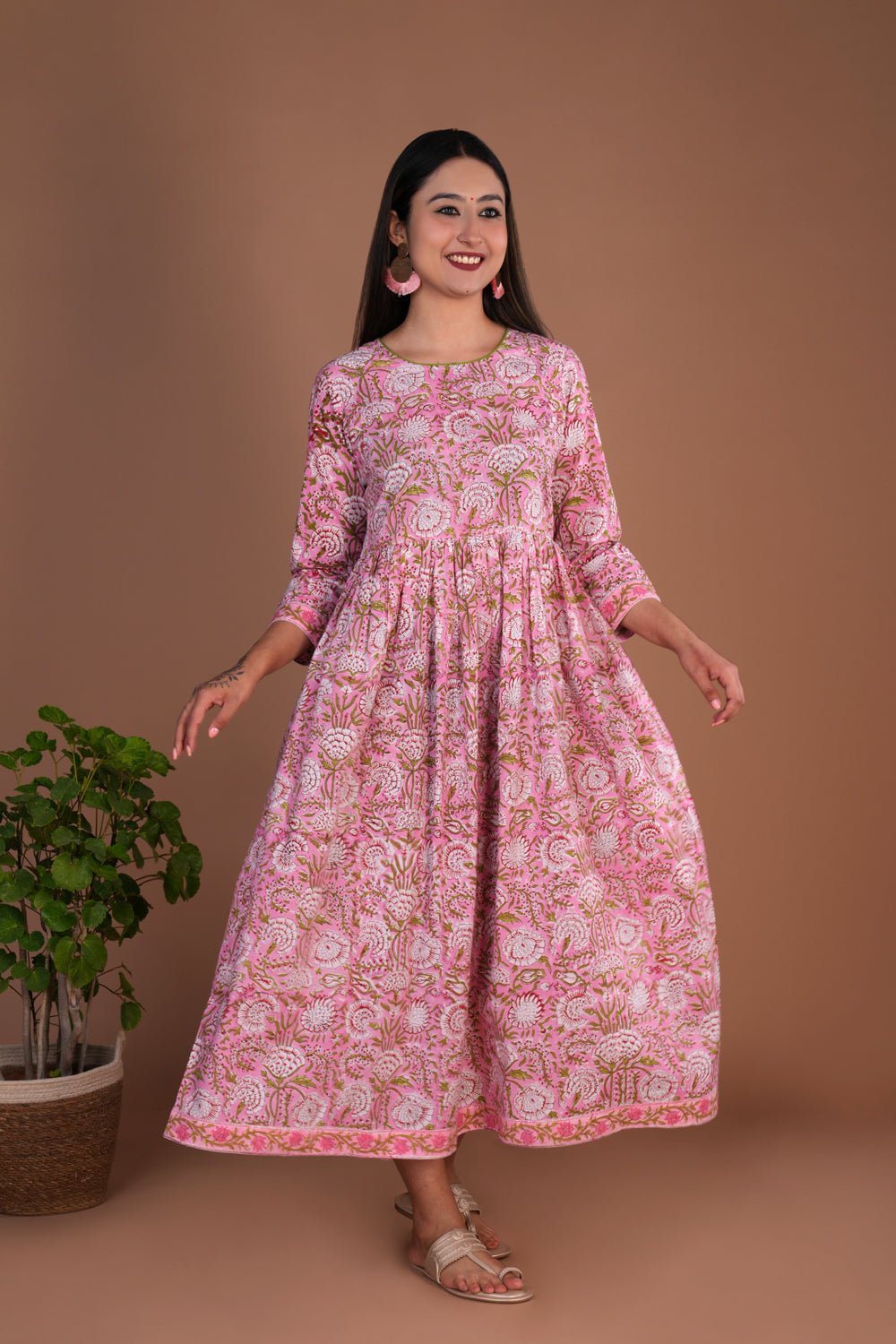 Light pink floral hand block printed long dress
