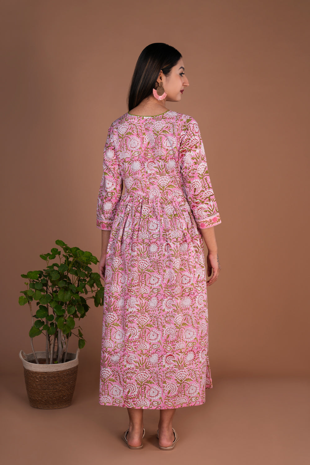 Image of Light pink floral hand block printed long dress