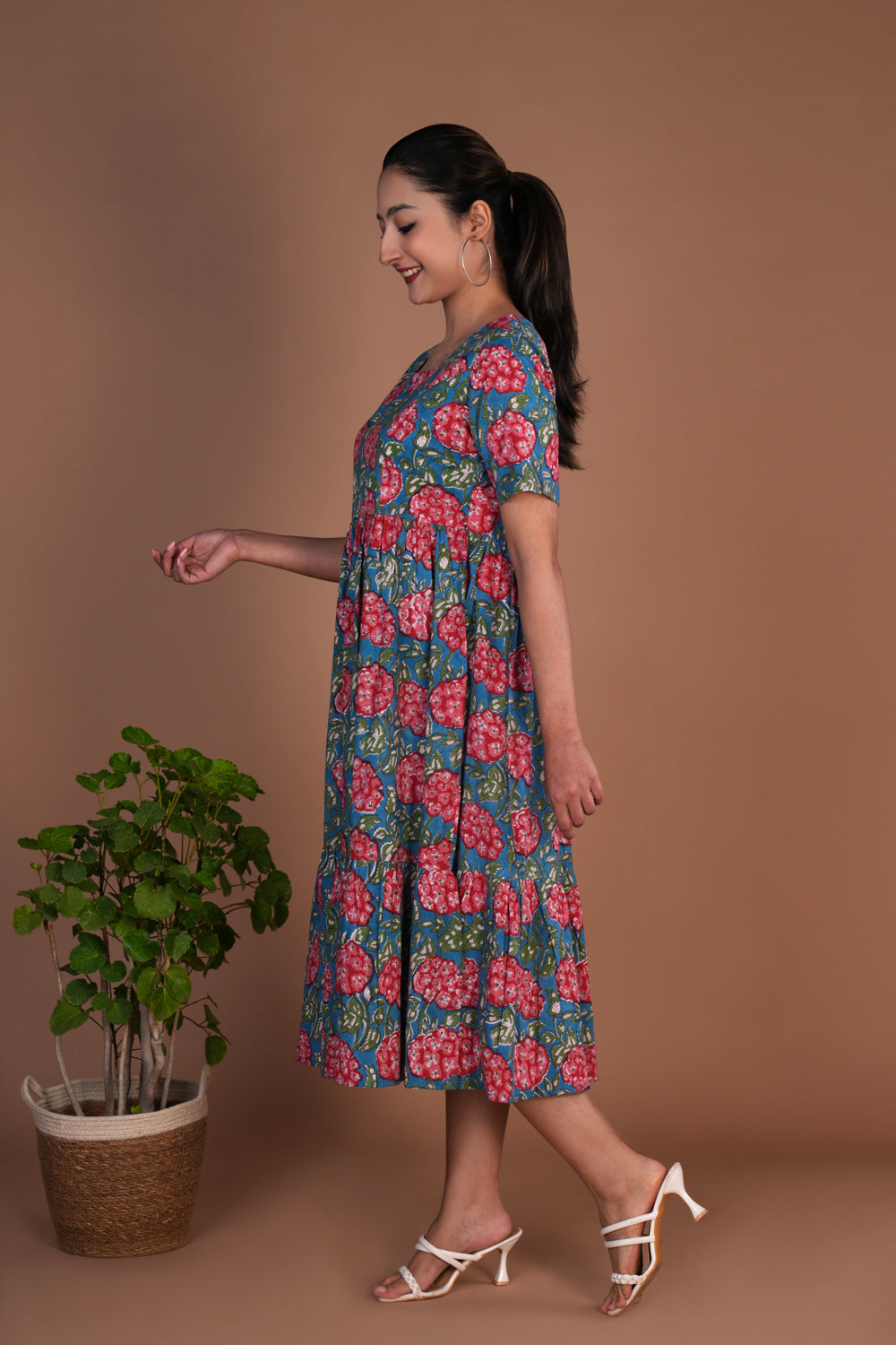 Image of Floral hand block printed cotton dress