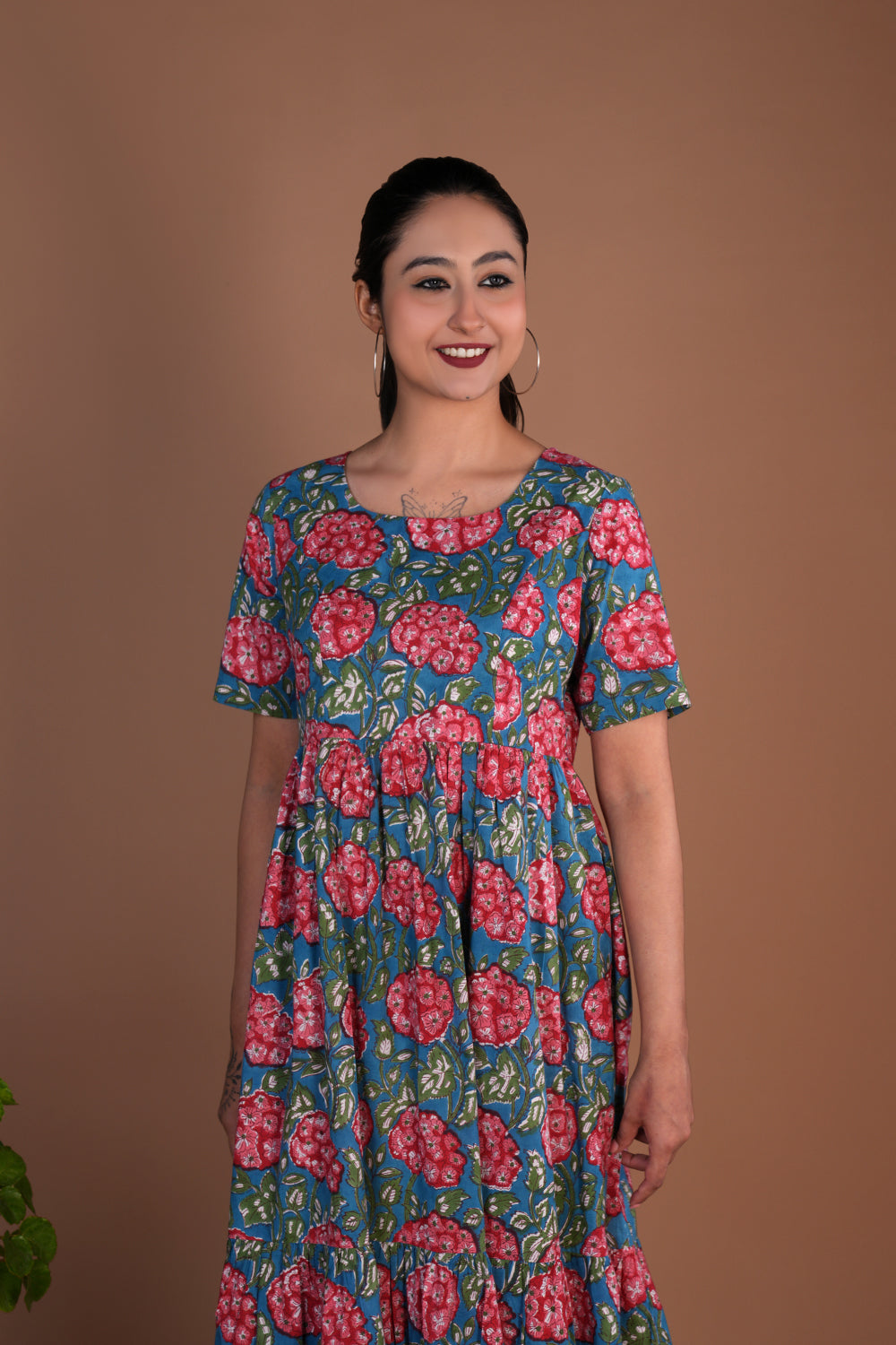 Floral hand block printed cotton dress