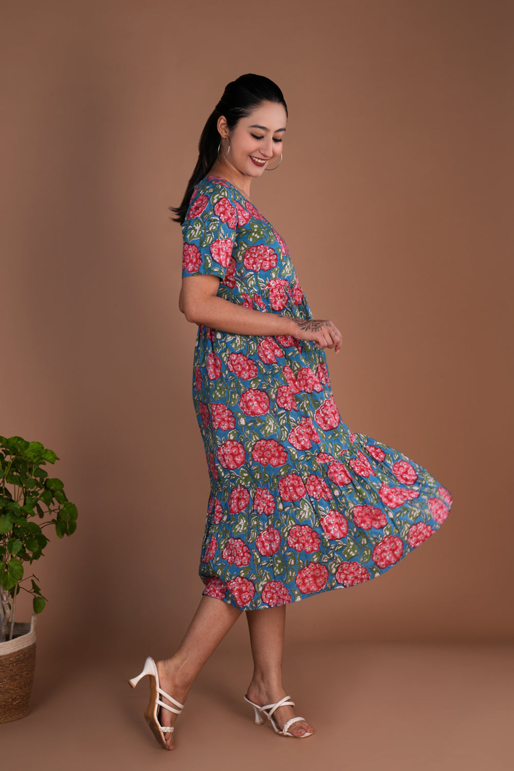 Image of Floral hand block printed cotton dress