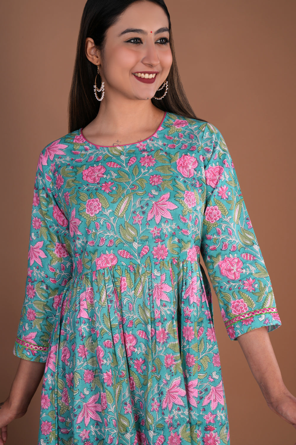 Image of Green Floral hand block printed pure cotton long kurta