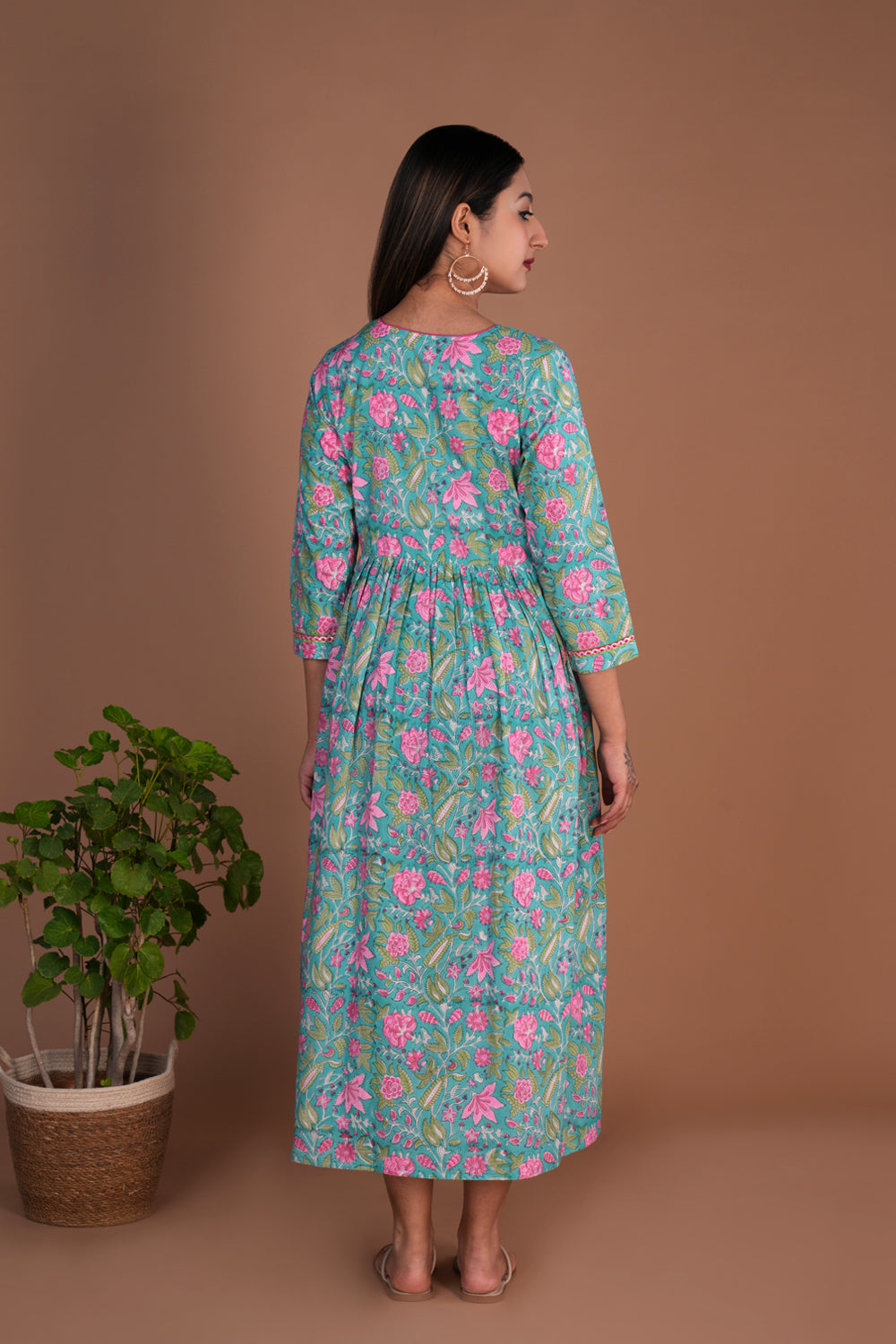Green Floral hand block printed pure cotton long kurta.