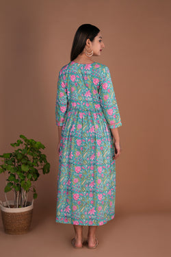 Image of Green Floral hand block printed pure cotton long kurta.