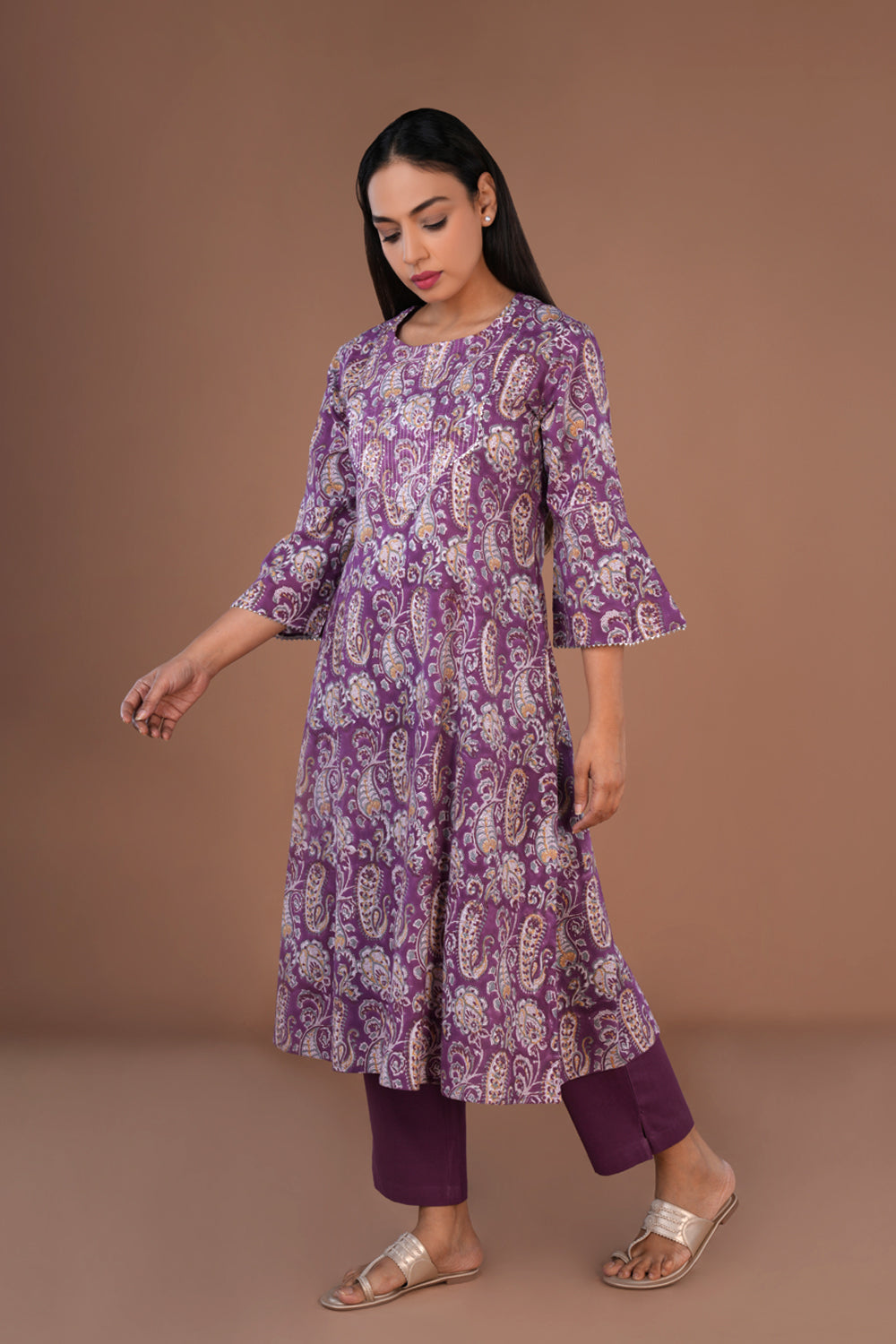 Image of Lilac floral Sanganeri hand block printed Kurta