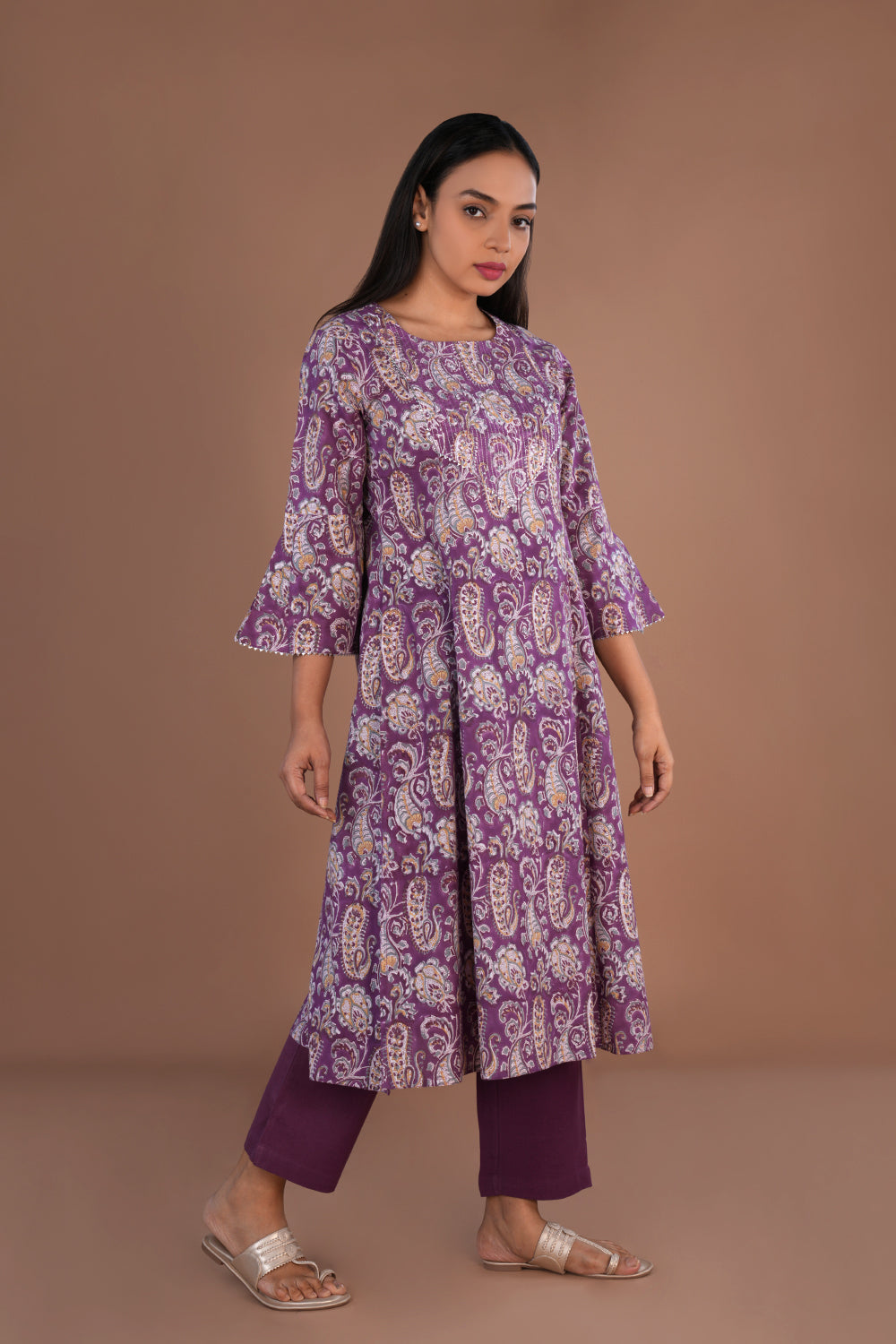 Image of Lilac floral Sanganeri hand block printed Kurta