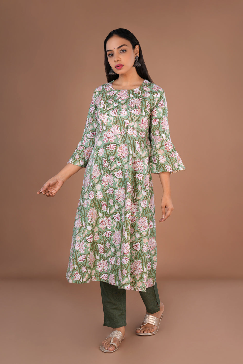 Image of Pista Green Sanganeri hand block printed cotton long kurta