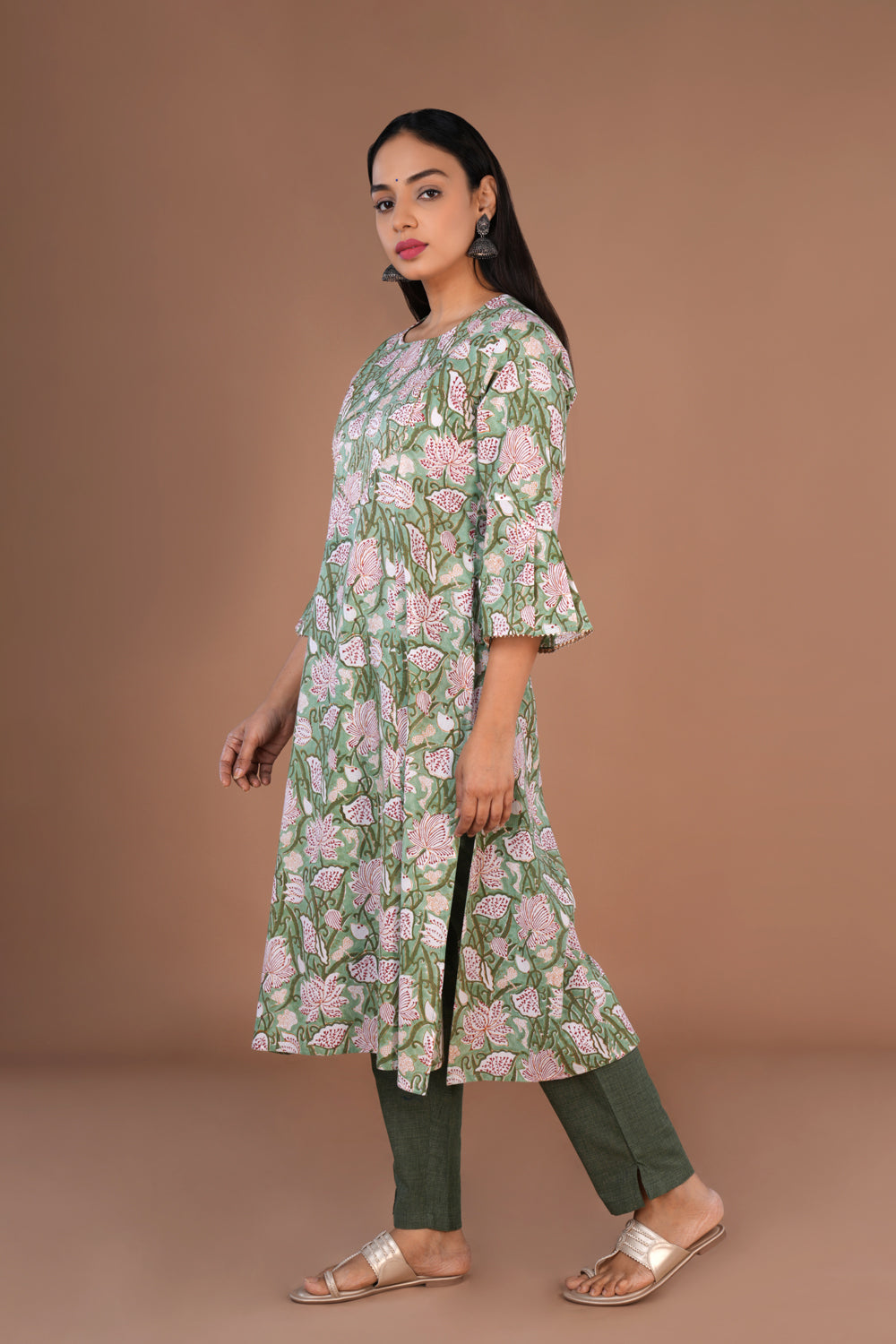 Pista Green Sanganeri hand block printed cotton long kurta.