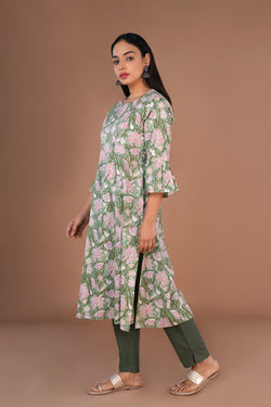 Image of Pista Green Sanganeri hand block printed cotton long kurta.