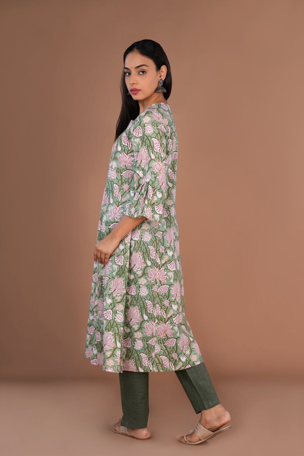 Image of Pista Green Sanganeri hand block printed cotton long kurta