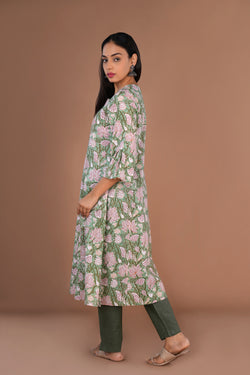 Image of Pista Green Sanganeri hand block printed cotton long kurta.