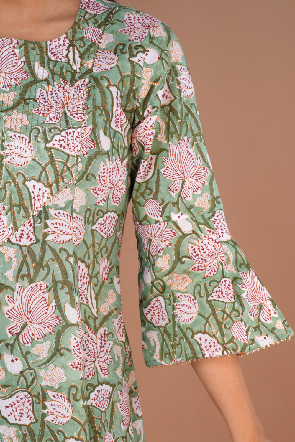 Pista Green Sanganeri hand block printed cotton long kurta.