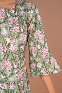 Image of Pista Green Sanganeri hand block printed cotton long kurta.