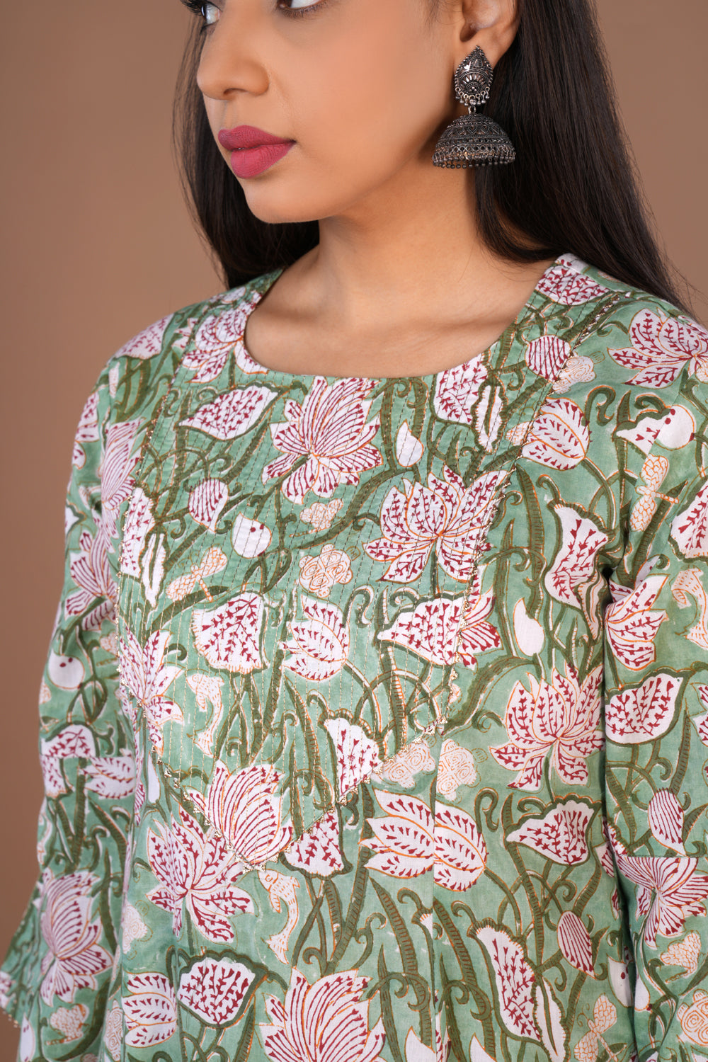 Pista Green Sanganeri hand block printed cotton long kurta.