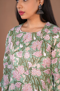 Image of Pista Green Sanganeri hand block printed cotton long kurta.