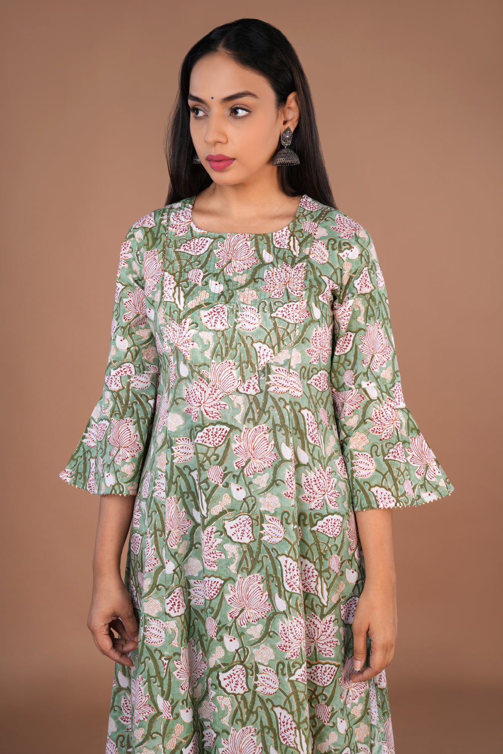 Pista Green Sanganeri hand block printed cotton long kurta.