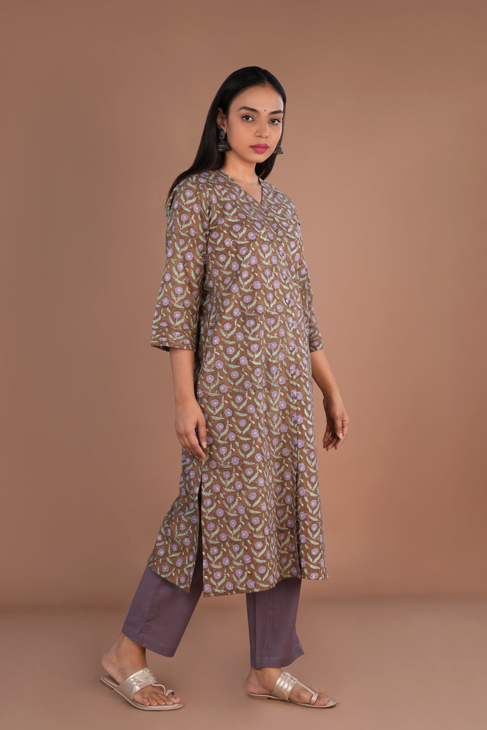 Image of Coffee Brown Sanganeri hand block printed cotton long Kurti