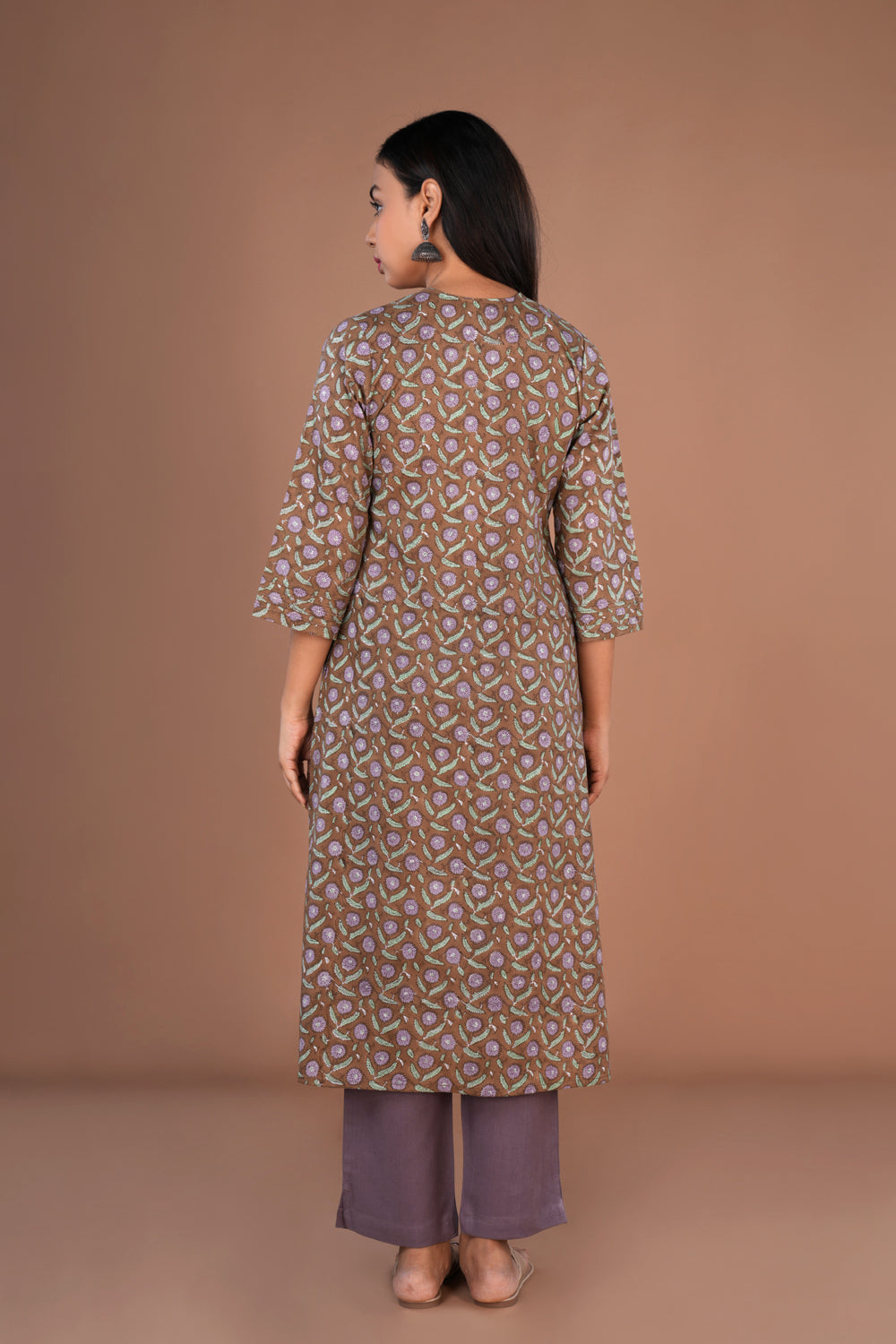 Image of Coffee Brown Sanganeri hand block printed cotton long Kurti