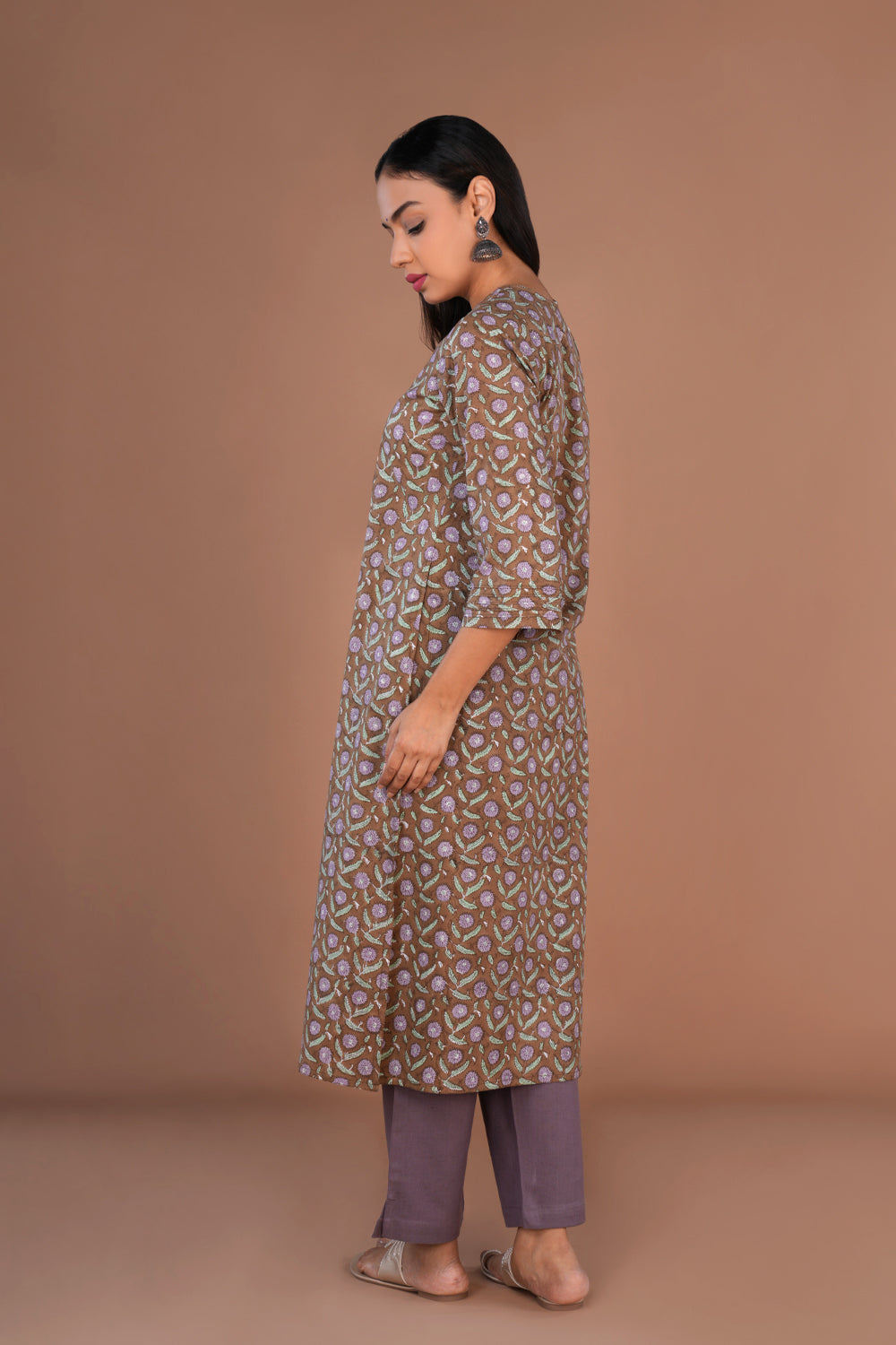 Image of Coffee Brown Sanganeri hand block printed cotton long Kurti